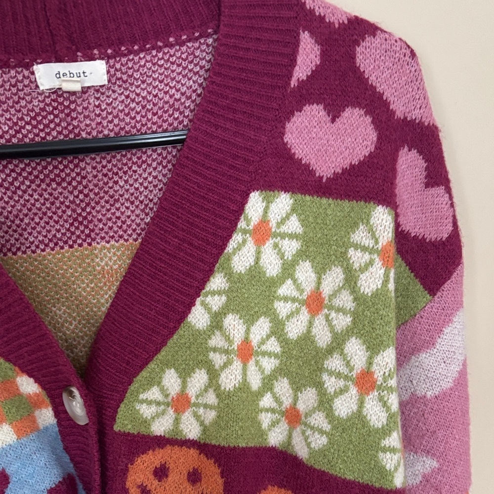 Debut Multicolor Patchwork Cardigan with Hearts a… - image 7